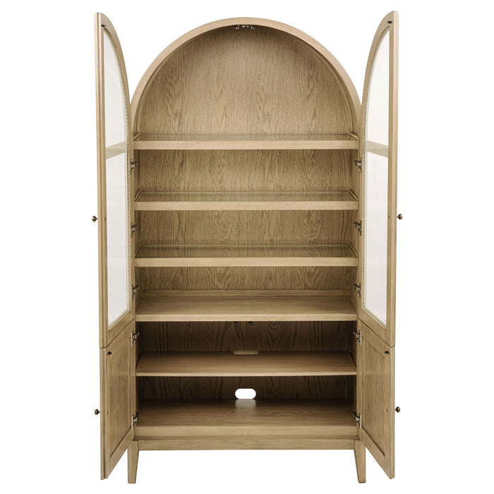 Kailani beige oak 4-door cane dining vitrine display cabinet from CoasterEveryday, featuring glass-paneled doors and wooden shelves.