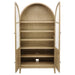 Kailani beige oak 4-door cane dining vitrine display cabinet from CoasterEveryday, featuring glass-paneled doors and wooden shelves.