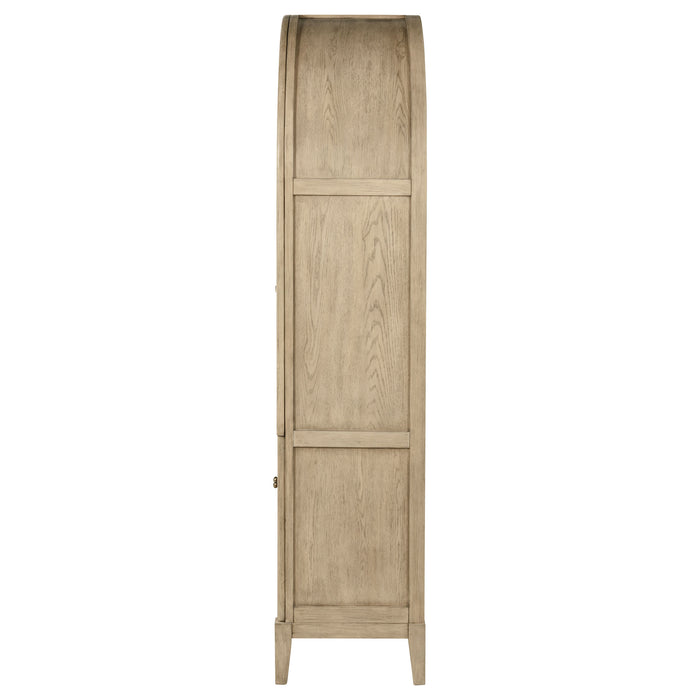 Kailani beige oak 4-door cane dining vitrine display cabinet by CoasterEveryday, showcasing glass-paneled doors and wooden shelving.