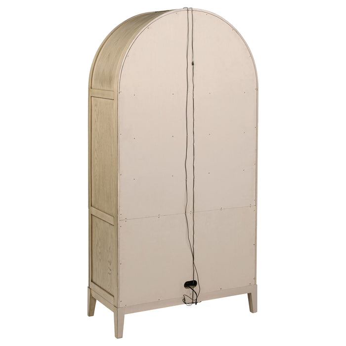 Beige oak Kailani 4-door cane dining vitrine display cabinet by CoasterEveryday showing glass doors and wooden shelving inside.