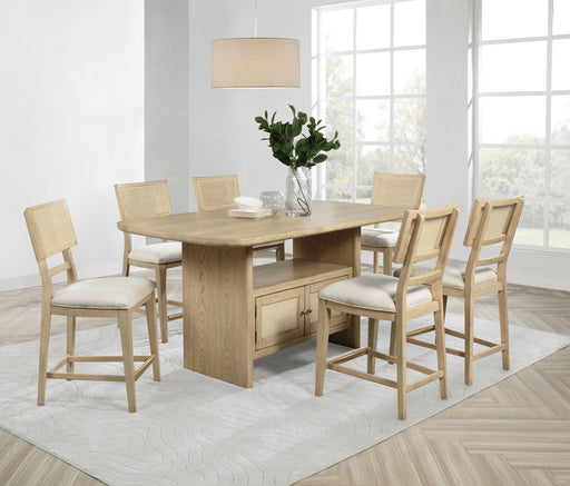 Kailani 7-piece wood counter height dining set in beige oak with matching chairs and table, modern and stylish furniture for dining area