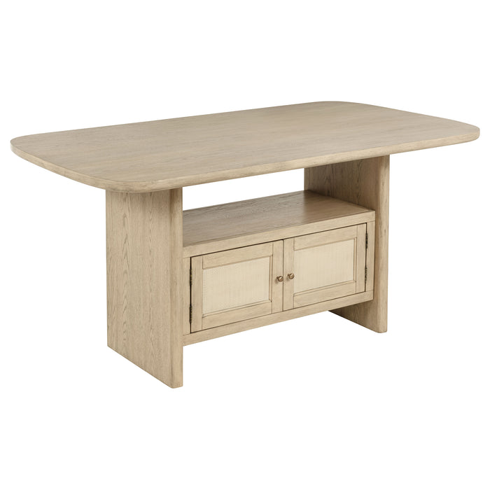 Kailani 8-piece counter dining set with beige oak finish and cabinet, includes table, chairs, and storage, by CoasterEveryday furniture.