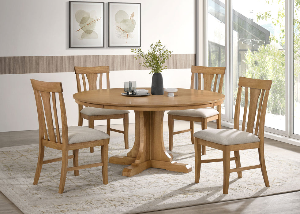 CoasterEveryday Hartville 5-piece round dining table set in natural light brown wood finish, with matching chairs and table surface.