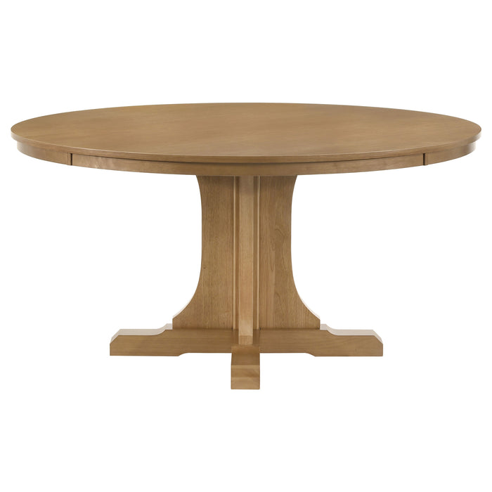 CoasterEveryday Hartville 5-piece round dining table set with natural light brown wood finish, includes table and matching chairs.