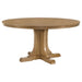 CoasterEveryday Hartville 7-piece round dining table set in natural light brown wood with matching chairs and table surface.