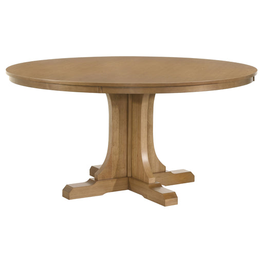 Hartville 60-inch round dining table in natural light brown wood, showcasing smooth surface and sturdy wooden legs.
