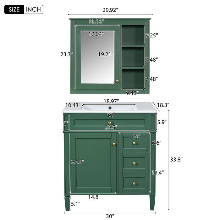 Giga bathroom vanity with top sink, two doors, three drawers, freestanding design, mirror cabinet included.