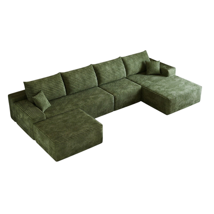 2 Piece Living Room Set Corduroy Modular Compression Foam Sofa With Ottoman Toss Pillows - Green