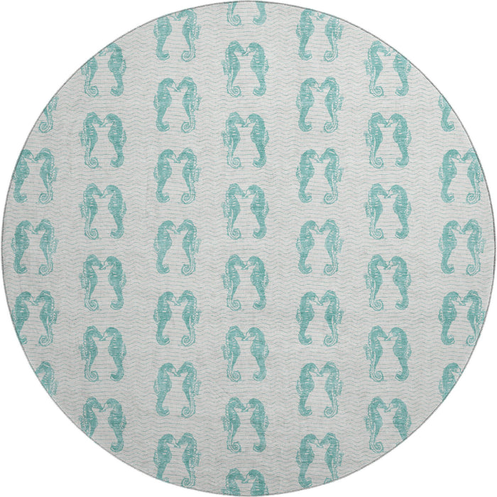 8' Geometric Washable Round Rug With UV Protection - Aqua / Ivory