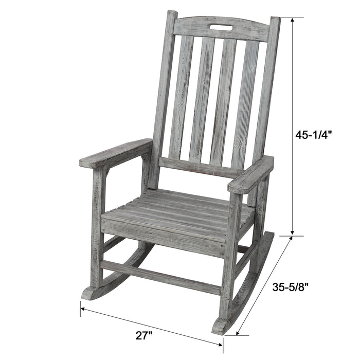 Giga oversized porch rocker chair with wide seat and tall backrest, wooden frame and plush cushions for outdoor relaxation.