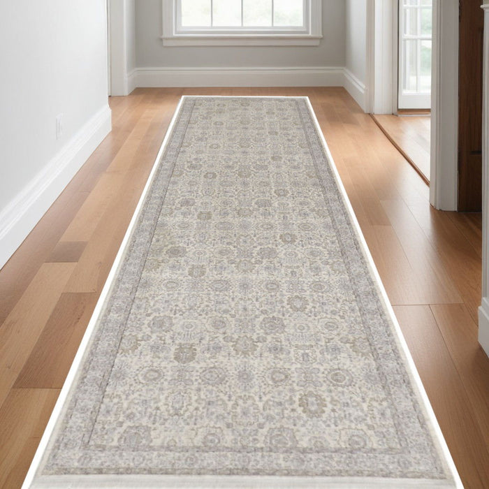 12' Oriental Power Loom Worn Faded Runner Rug With Fringe - Gray And Ivory