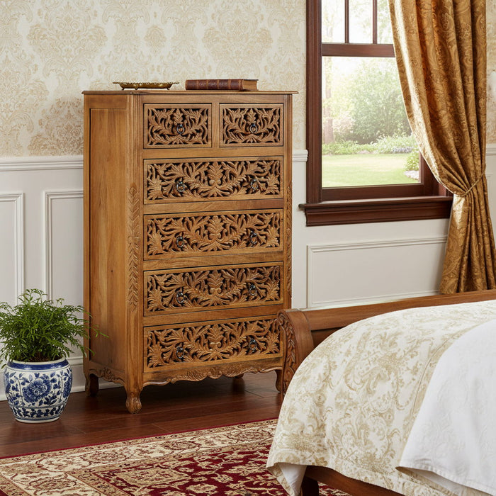 Carved Floral Solid Wood Six Drawer Dresser - Brown