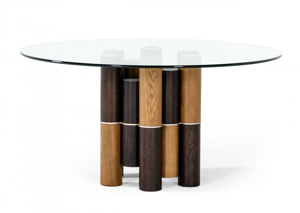 Glass Wood Pedestal Base Round Top Dining Table - Clear / Brown