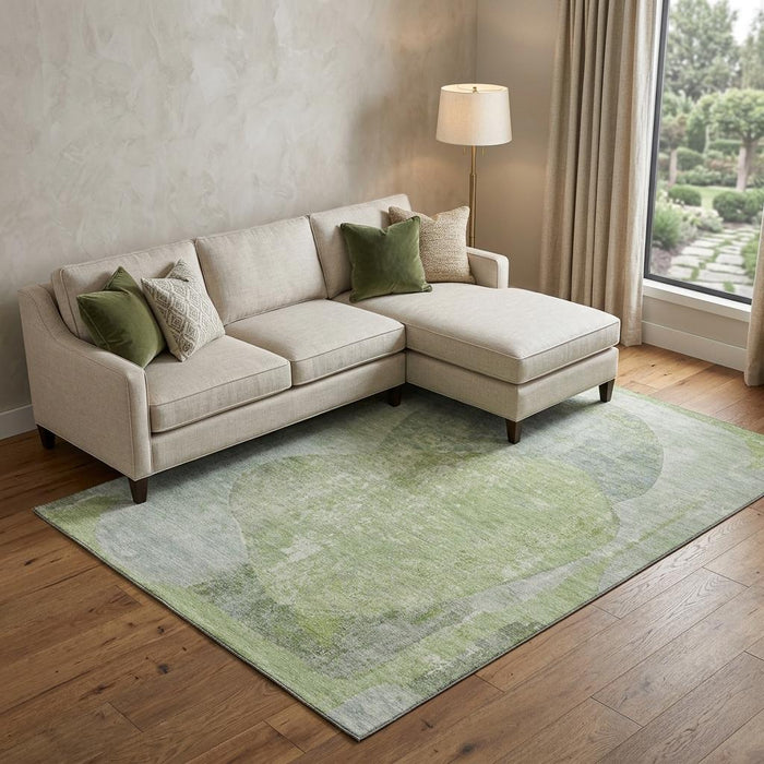 10' X 14' Abstract Washable Area Rug With UV Protection (695522) - Artichoke Green / Ivory / Gray