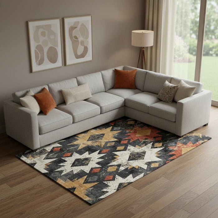 10' X 14' Southwestern Washable Area Rug With UV Protection (706631) - Black / Gold / Rust