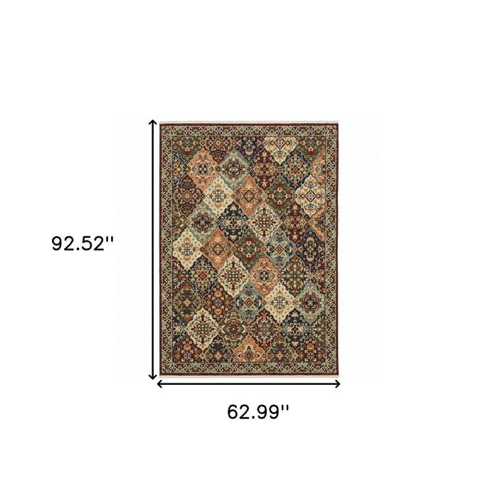 5' x 8' Oriental Power Loom Stain Resistant Area Rug With Fringe - Red Rust Navy Light Blue Brown Orange Ivory And Gold