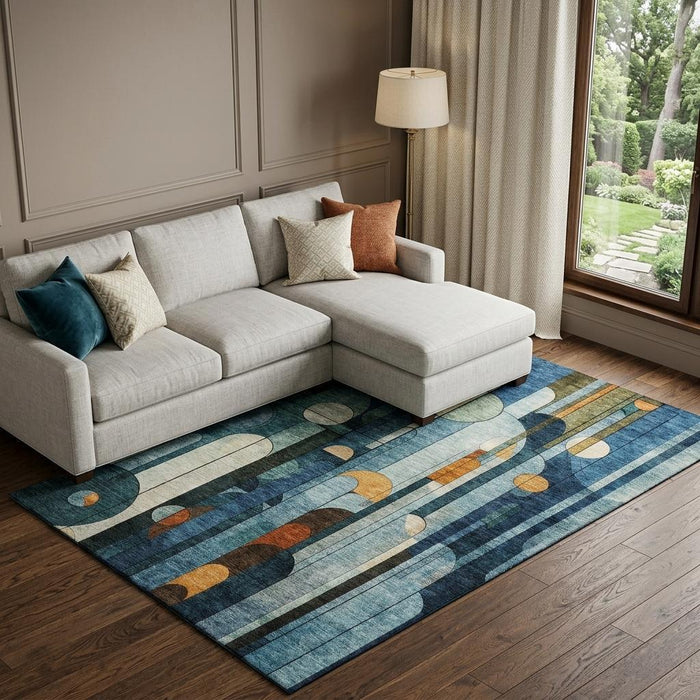 10' X 14' Geometric Washable Area Rug With UV Protection (685276) - Blue / Copper / Ivory