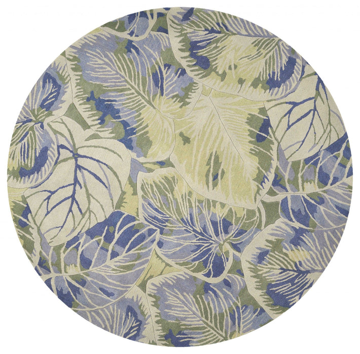 6' Hand Tufted Tropical Leaves Round Indoor Area Rug - Blue Green