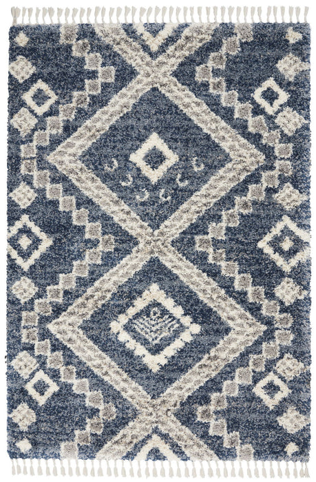 4' X 6' Geometric Shag Non Skid Area Rug With Fringe (552487) - Denim Blue / Ivory