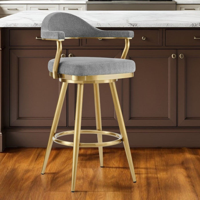 26" Fabric And Stainless Steel Counter Height Swivel Bar Chair - Gray / Gold
