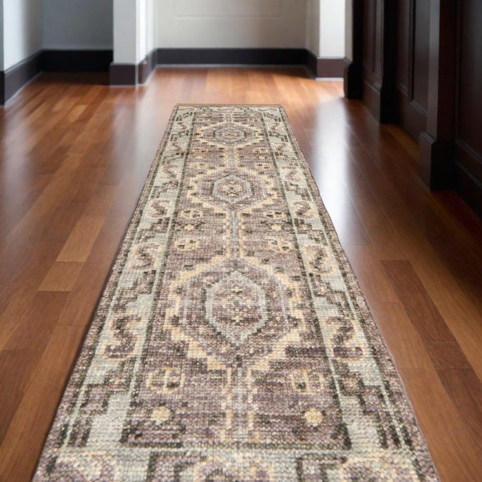 12' Wool Geometric Hand Knotted Runner Rug With Fringe - Ivory Gray And Brown
