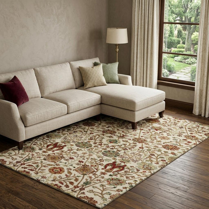 10' X 14' Floral Washable Area Rug With UV Protection (683980) - Ivory / Red / Blue