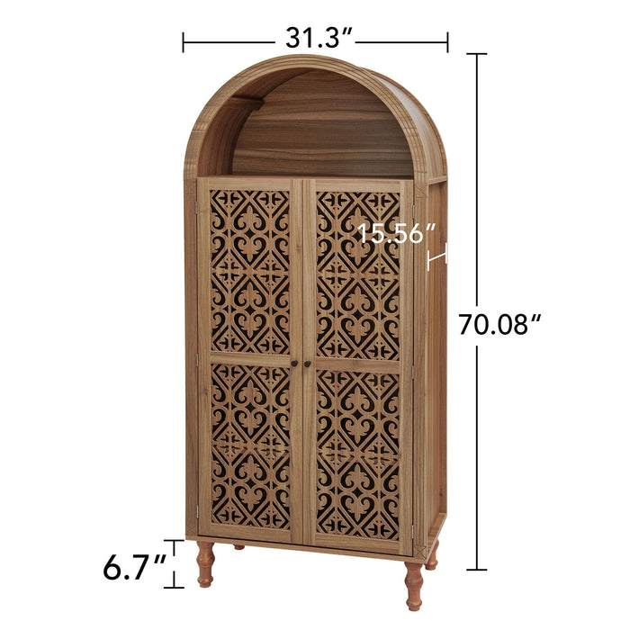 Giga Walnut tall kitchen pantry cabinet with hollow carved doors and adjustable shelves for versatile kitchen storage.