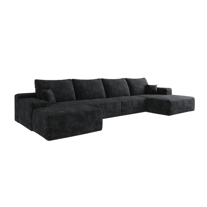 Two Piece Living Room Set Corduroy Modular Compression Foam Sofa With Ottoman Toss Pillows - Black