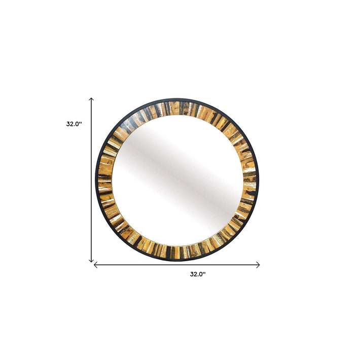 32" Round Framed Accent Mirror - Black / Brown / Faux Stone
