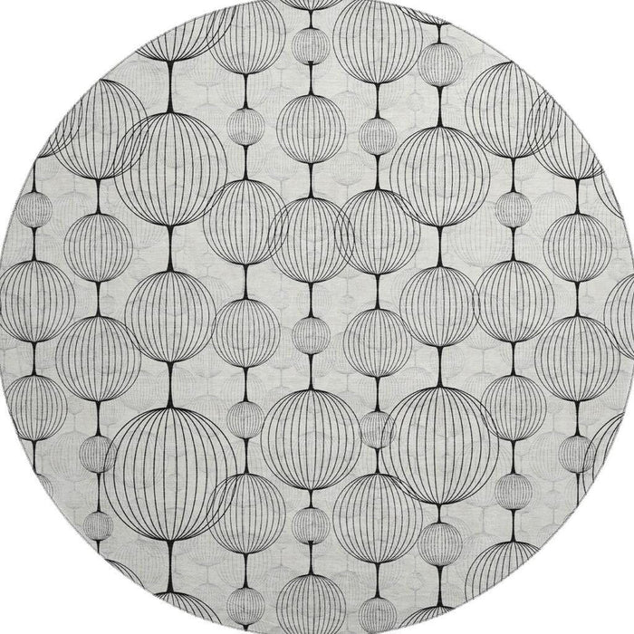 8' Geometric Washable Round Rug With UV Protection - Graphite And Silver