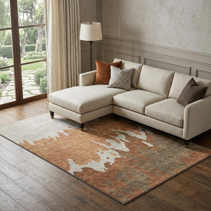 10' X 14' Abstract Washable Area Rug With UV Protection (676140) - Rust / Beige / Brown