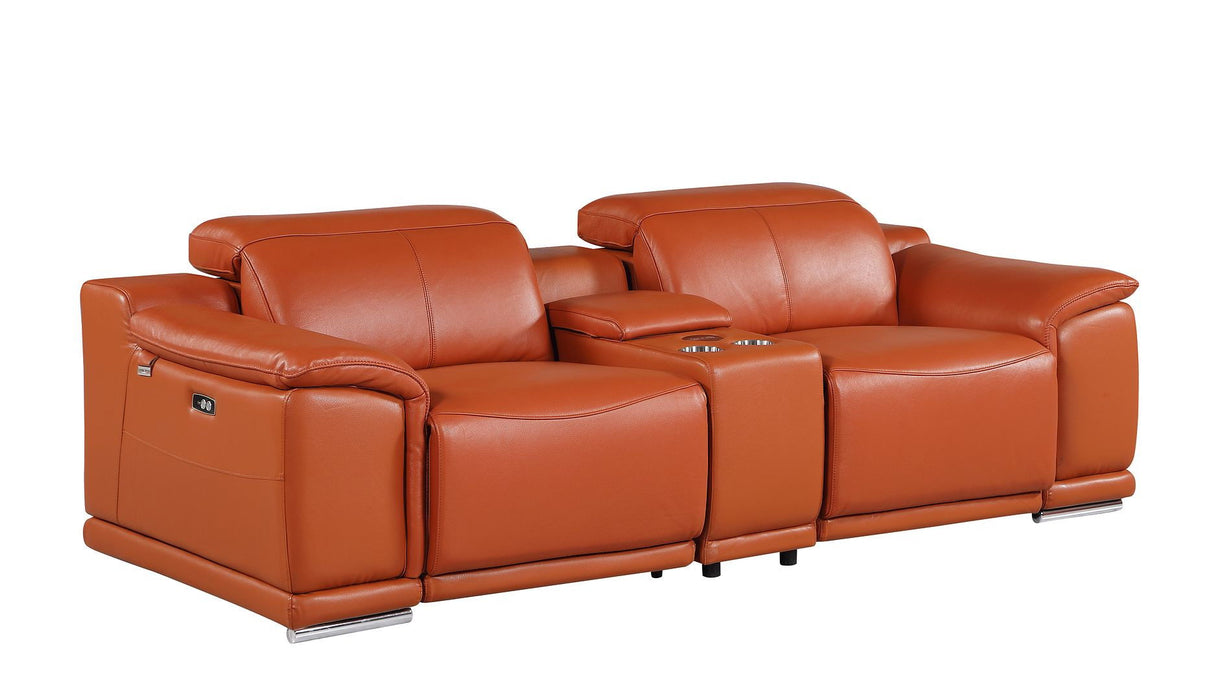 Italian Leather Power Reclining Loveseat With Storage - Orange / Silver