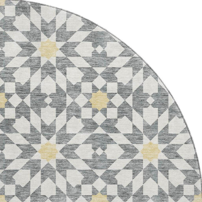8' Geometric Washable Round Rug With UV Protection - Gray