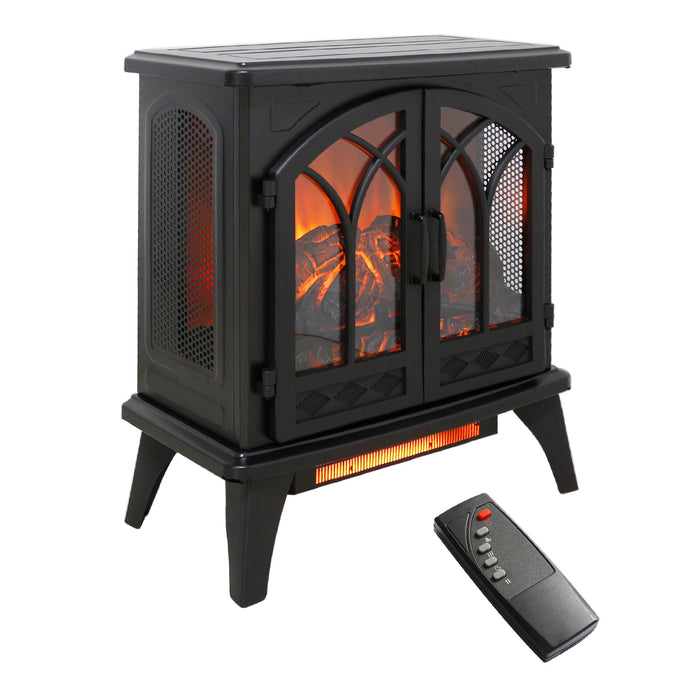 Giga 24-inch 3D flame electric infrared quartz fireplace stove in antique black with remote control, showcasing realistic flame effects.