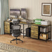 Giga industrial L-shaped corner desk in brown with power hub, six drawers, and adjustable monitor stands.