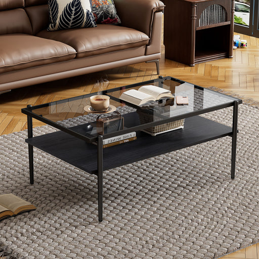 Giga rectangle coffee table with tempered glass top and wooden legs, modern design for living room decor.