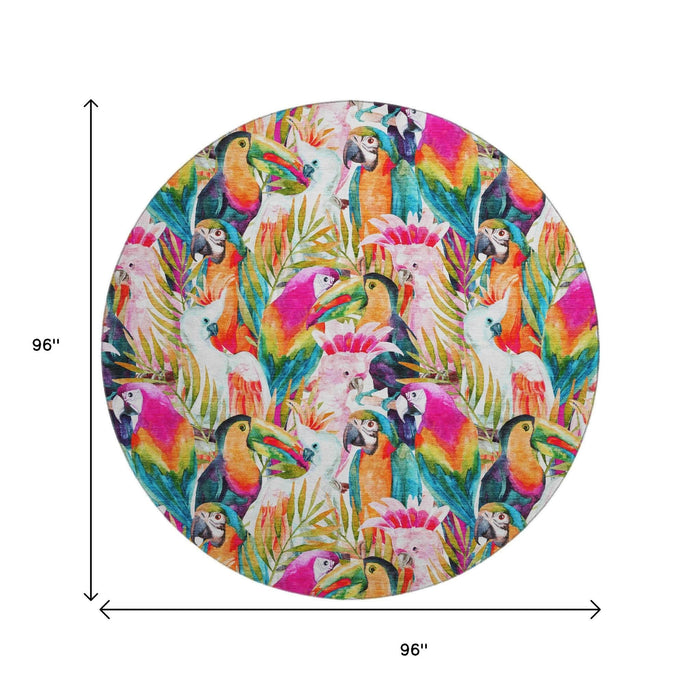 8' Geometric Washable Round Rug With UV Protection (646334) - Rainbow / Ivory
