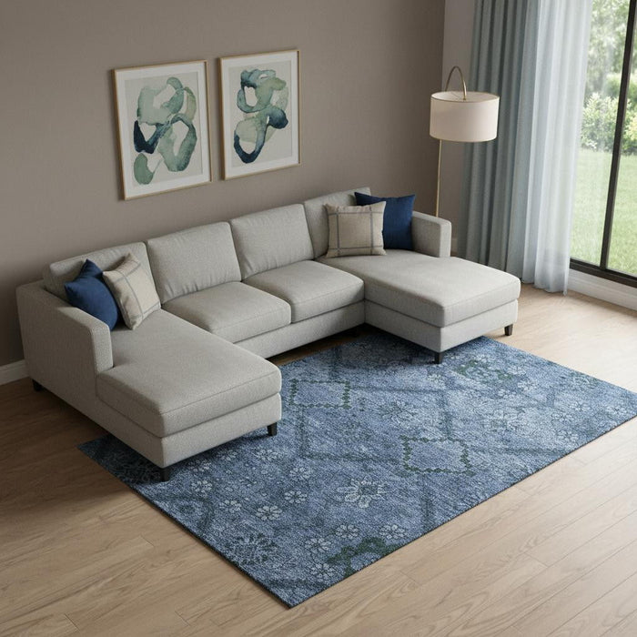10' X 14' Floral Washable Area Rug With UV Protection (667246) - Navy Blue / Gray