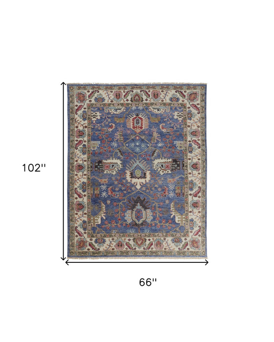 5' x 8' Wool Floral Hand Knotted Stain Resistant Area Rug - Blue And Red