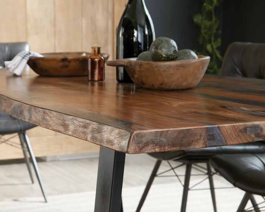 Gray sheesham wood dining table with live edge design, 80-inch length, by CoasterElevations, showcasing the natural wood grain and craftsmanship.