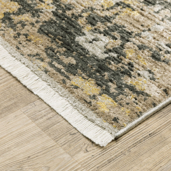 10' x 13' Abstract Power Loom Stain Resistant Area Rug With Fringe - Gray Gold Black Charcoal And Beige