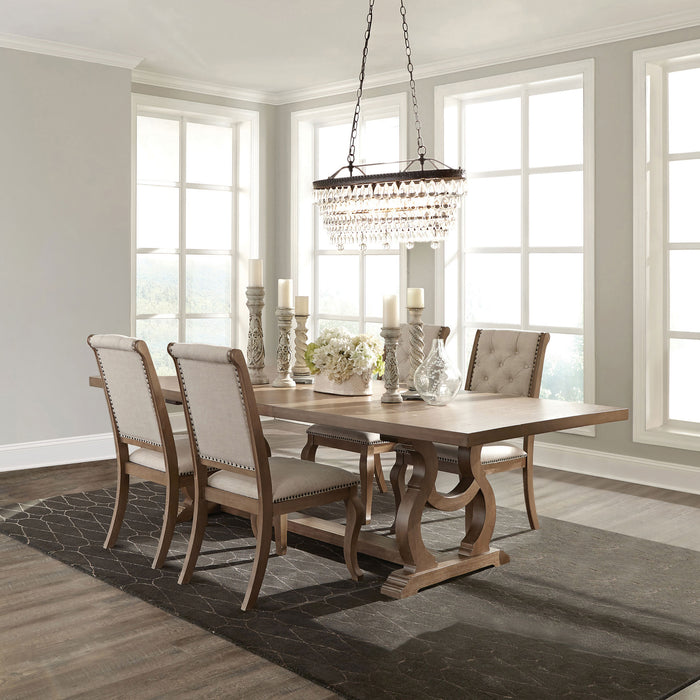 CoasterEssence Brockway 5-piece extension leaf dining set in barley brown with a rectangular table and matching chairs.