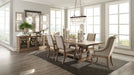 CoasterEssence Brockway 7-piece extension leaf dining set with barley brown finish, showing a wooden table with chairs and extension leaf.