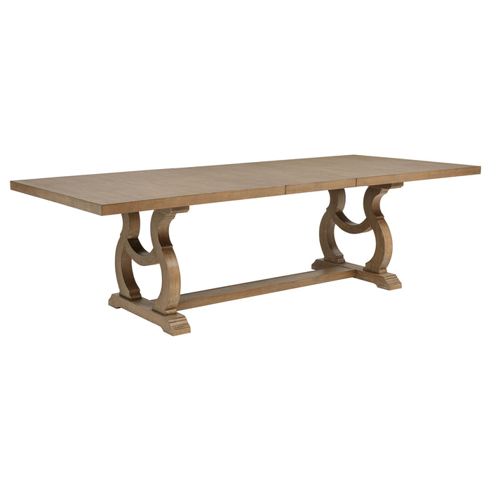 CoasterEssence Brockway 7-piece extension leaf dining set in barley brown with wooden chairs and a rectangular table.