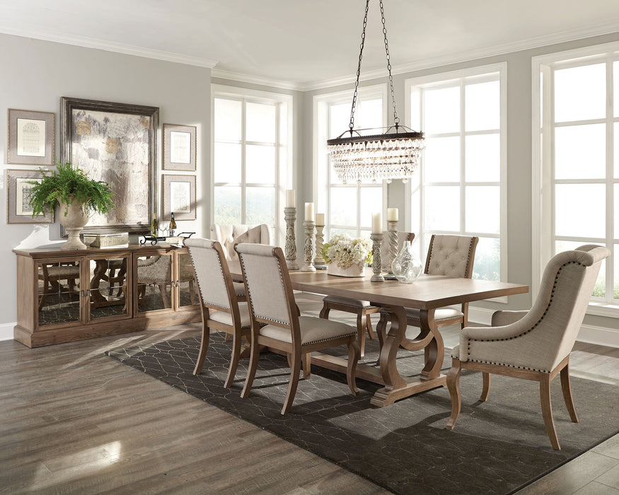 Brockway 104-inch extension leaf dining table by CoasterEssence with barley brown wood finish and sturdy rectangular legs.
