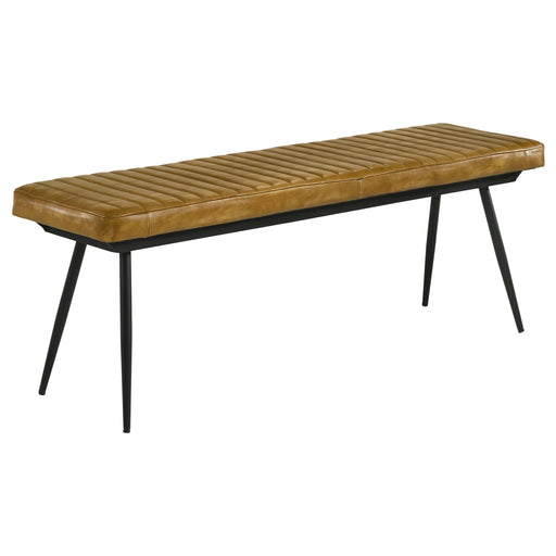 Misty Leather upholstered dining bench by CoasterEssence in antique camel brown leather
