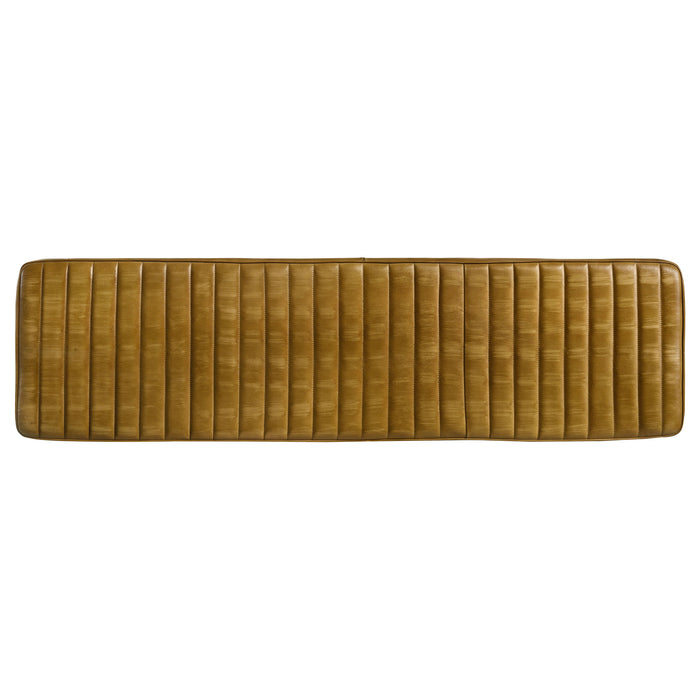 Misty leather upholstered dining bench in antique camel color with tapered wooden legs from CoasterEssence furniture.