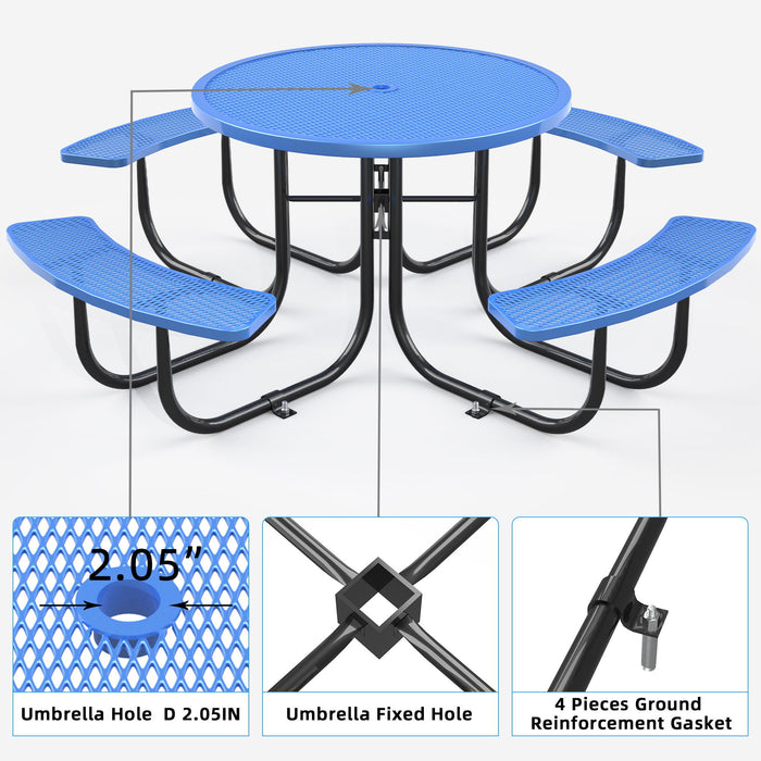 Giga round outdoor steel picnic table with 46-inch diameter and umbrella pole for outdoor dining and gatherings.