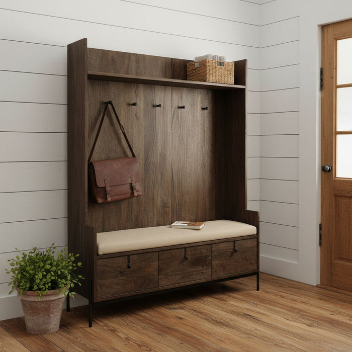 Wood, Fabric Wrapped Seat Hall Tree With Storage - Brown