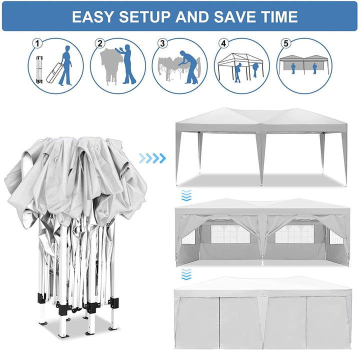 Giga 10x20 ft portable pop-up canopy tent with removable sidewalls, carry bag, and weight bags for outdoor events.